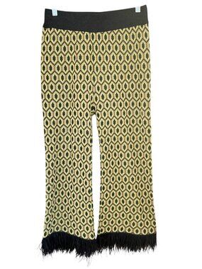 Zara Geometric Knit Pants Womens M Yellow Black Flare Feather Trim